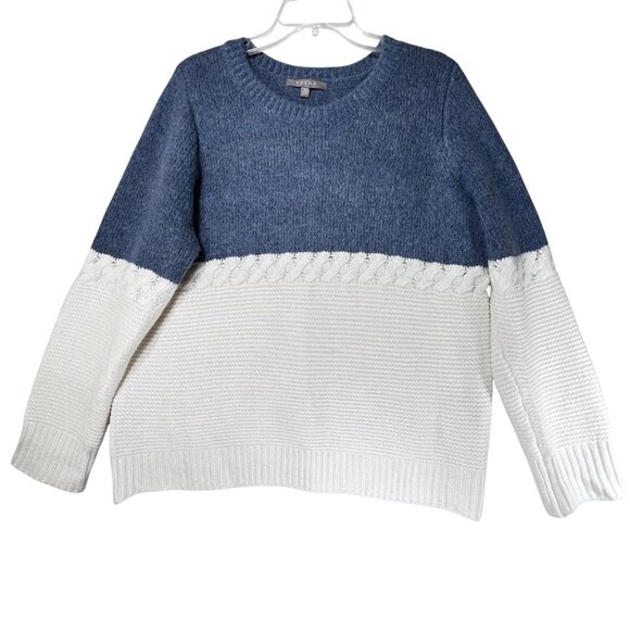 Cyrus Colorblock Knit Sweater Cable Detail Blue Cream White XL Wool Blend Soft - Picture 1 of 11